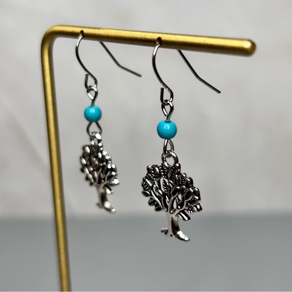 Silver Tone Tree Earrings with Turquoise Stone Beads - Picture 3 of 4